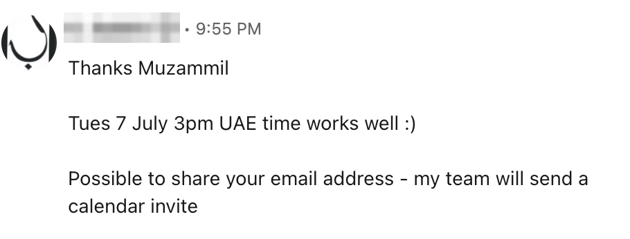 LinkedIn DM reply confirming a Tuesday 3pm call and asking for a calendar invite, name blurred
